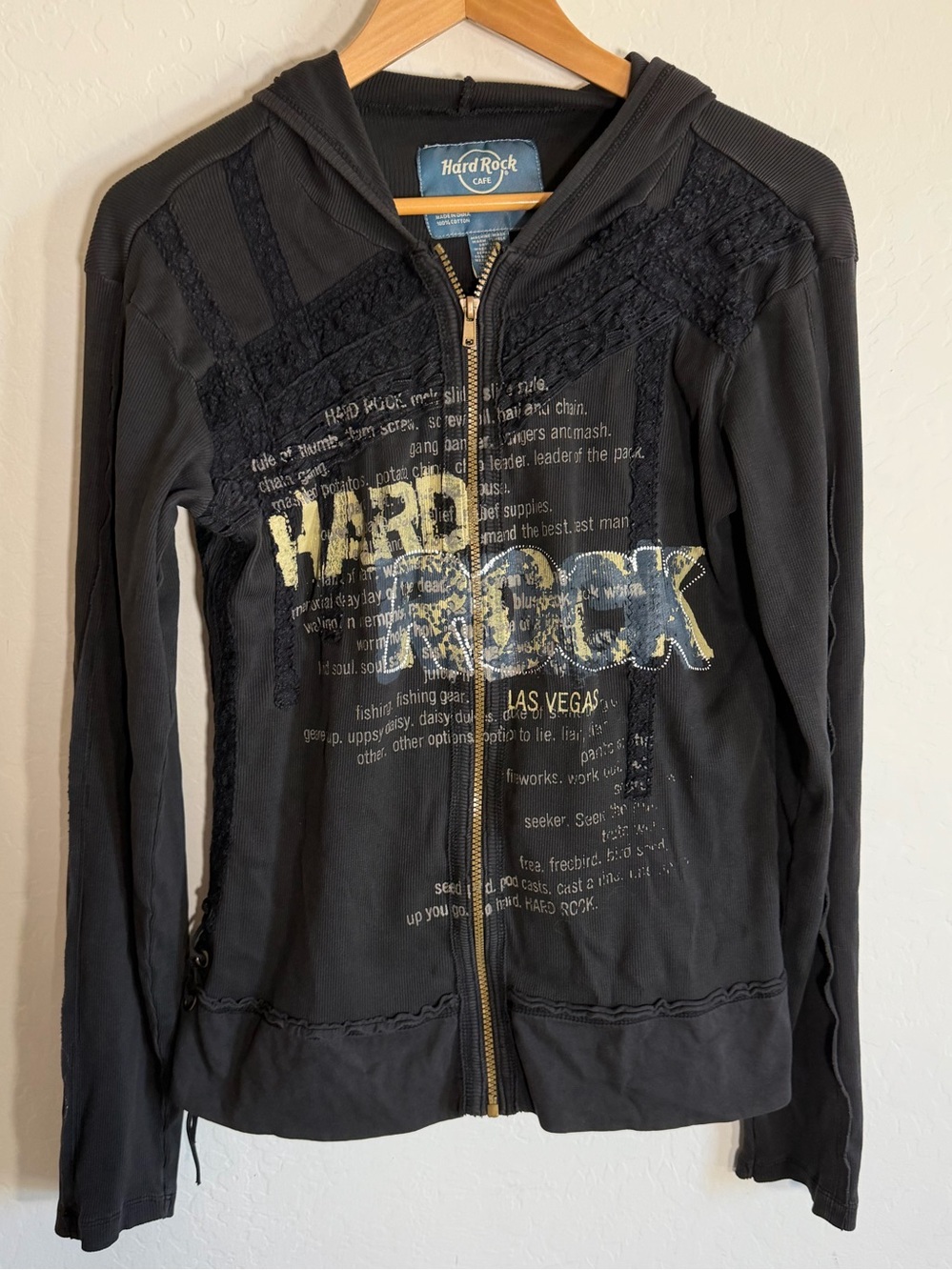 Vintage Y2K Hard Rock Cafe Las Vegas Lace Trim Ribbed Full Zip Hoodie XL
